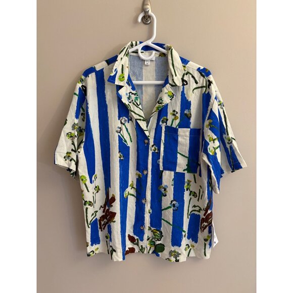 Topshop NWT Floral Stripe Linen-Blend Button-Down Resort Shirt Small or US 4-6 - Picture 3 of 13